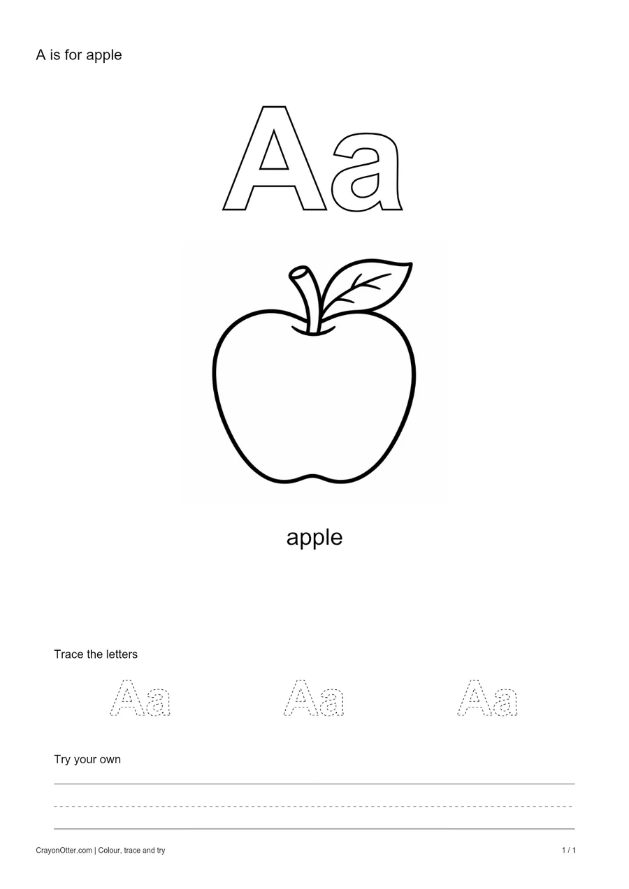 Outline Aa letters with an apple, a tracing row and blank practice guides.