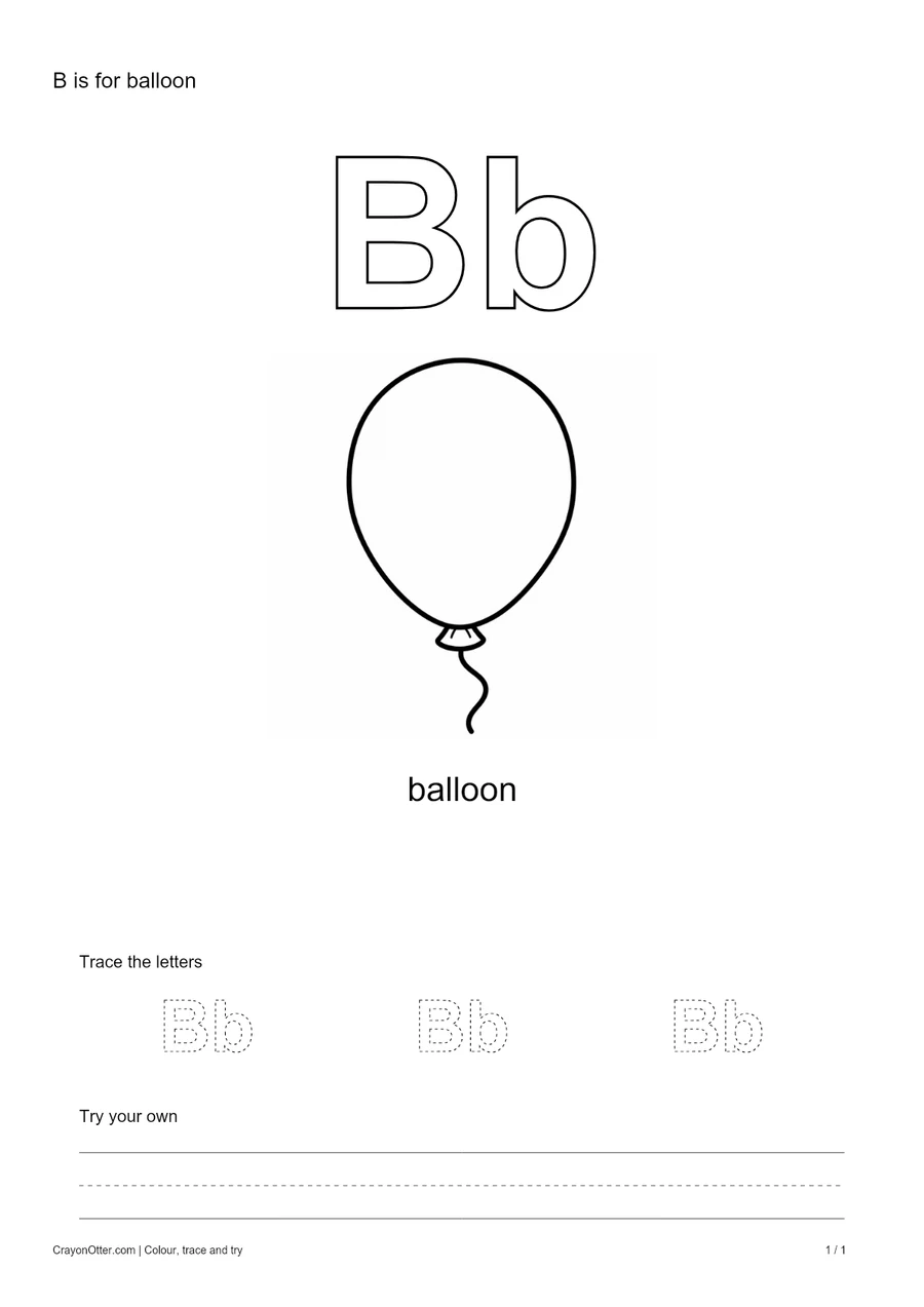 Outline Bb letters with a balloon, a tracing row and blank practice guides.
