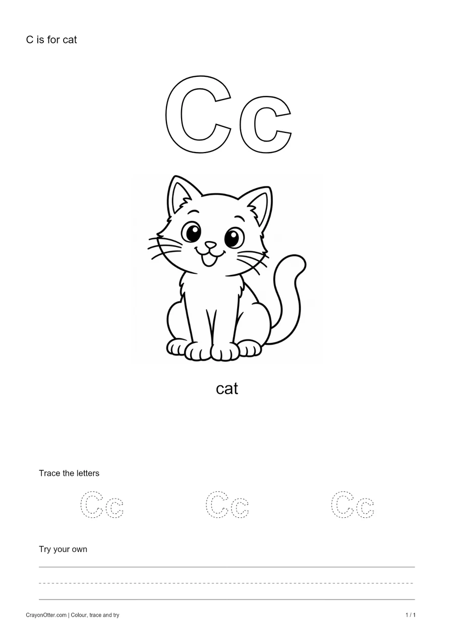 Outline Cc letters with a cat, a tracing row and blank practice guides.