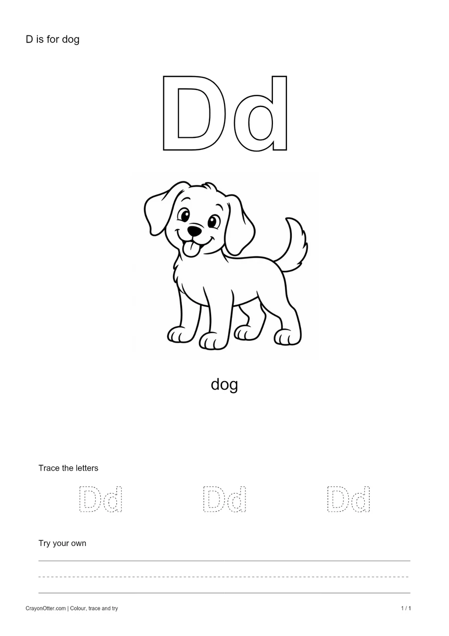 Outline Dd letters with a dog, a tracing row and blank practice guides.