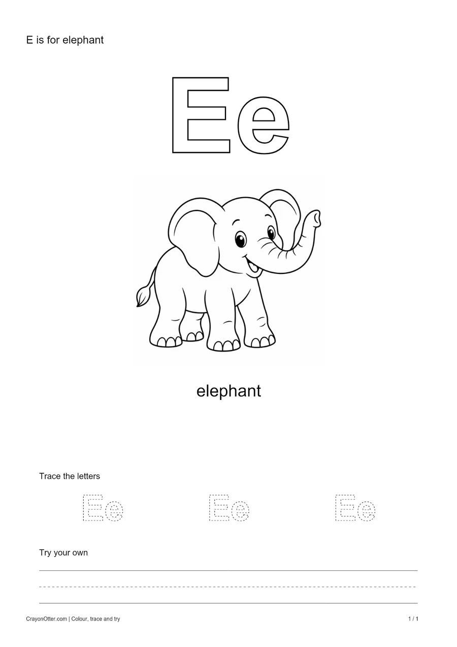 Outline Ee letters with an elephant, a tracing row and blank practice guides.