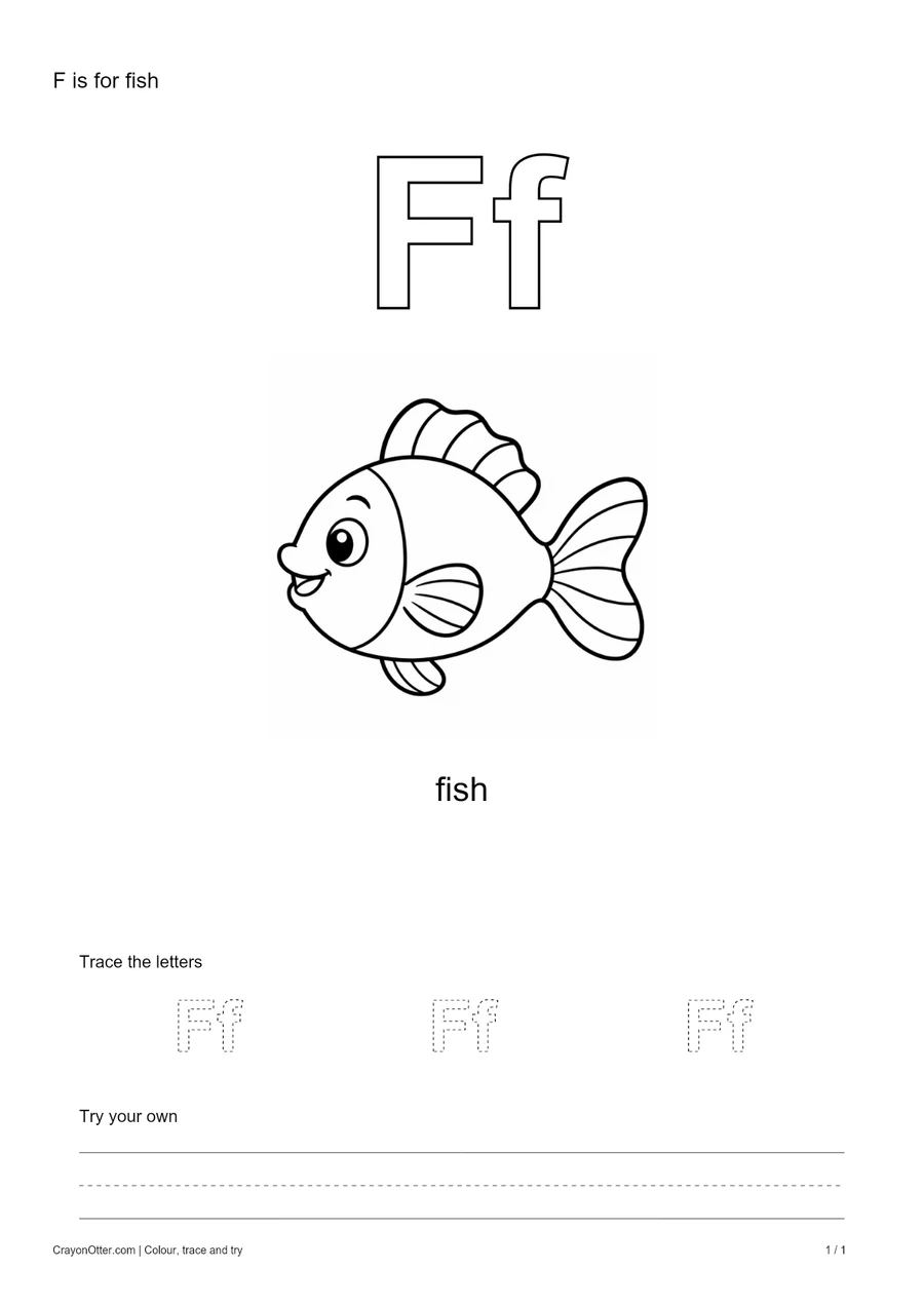 Outline Ff letters with a fish, a tracing row and blank practice guides.