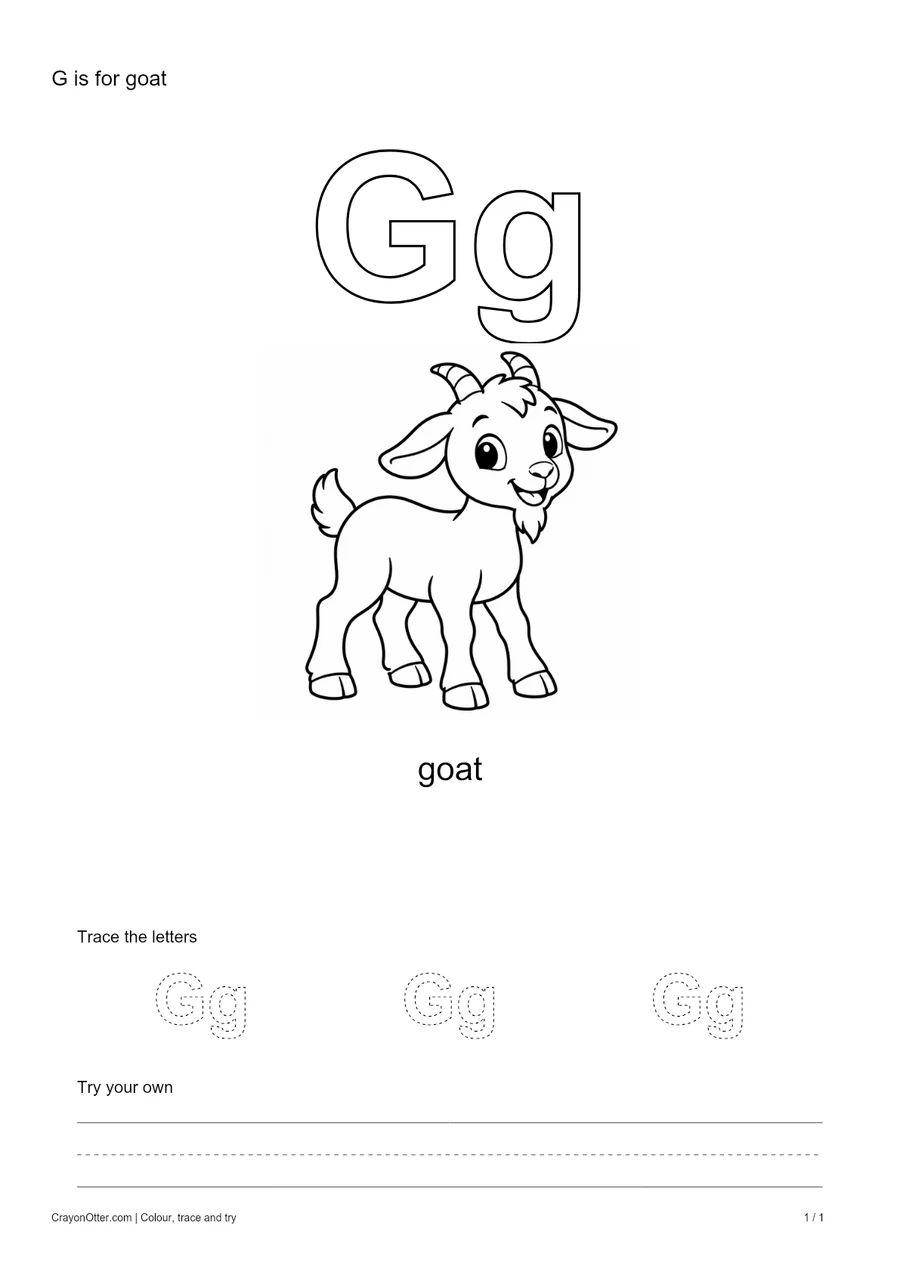 Outline Gg letters with a goat, a tracing row and blank practice guides.