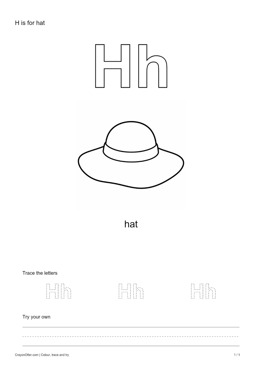 Outline Hh letters with a hat, a tracing row and blank practice guides.