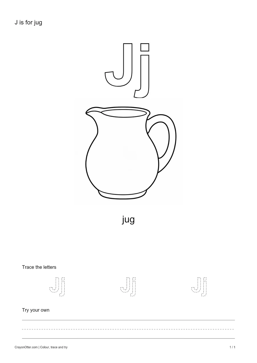 Outline Jj letters with a jug, a tracing row and blank practice guides.