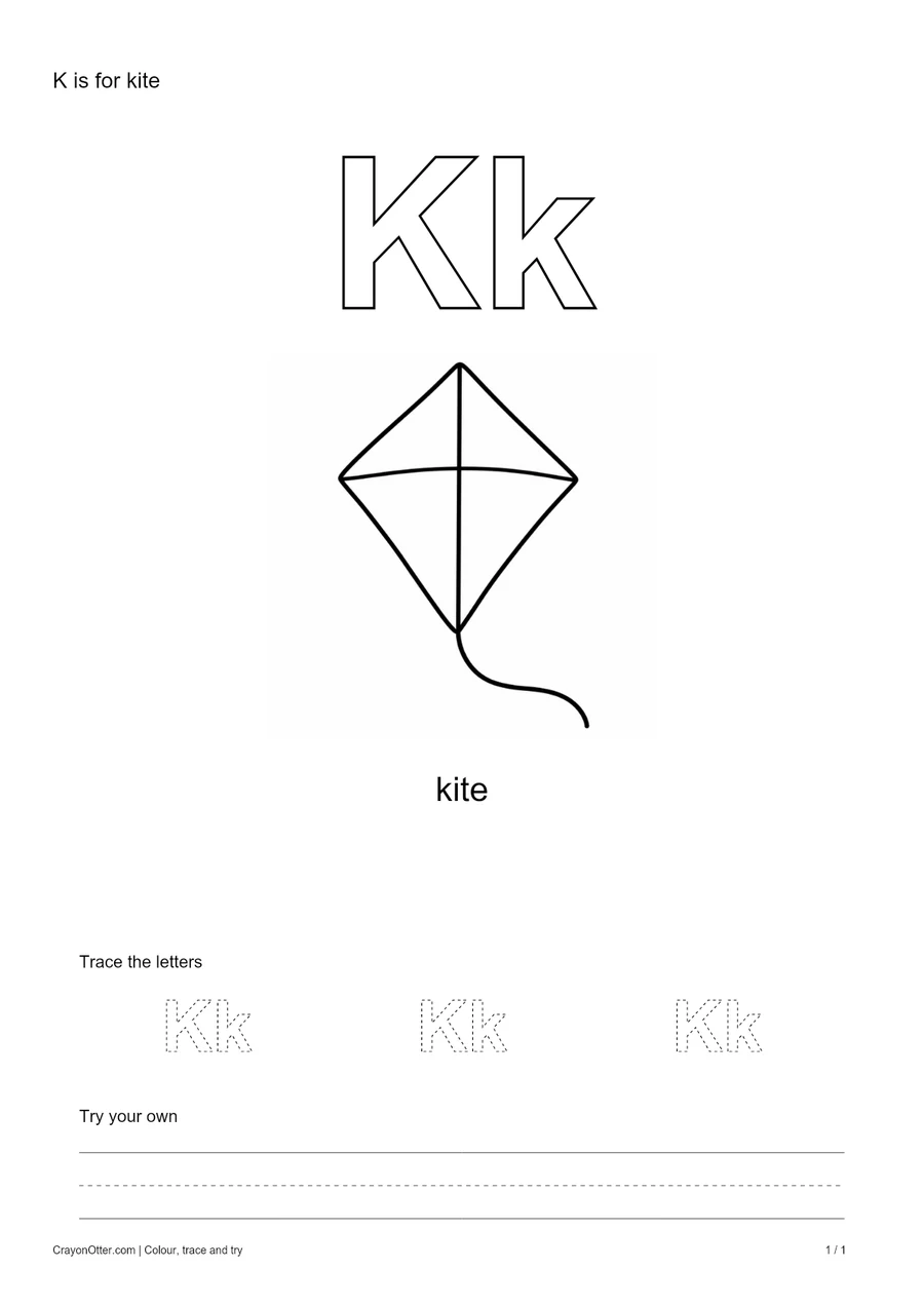 Outline Kk letters with a kite, a tracing row and blank practice guides.