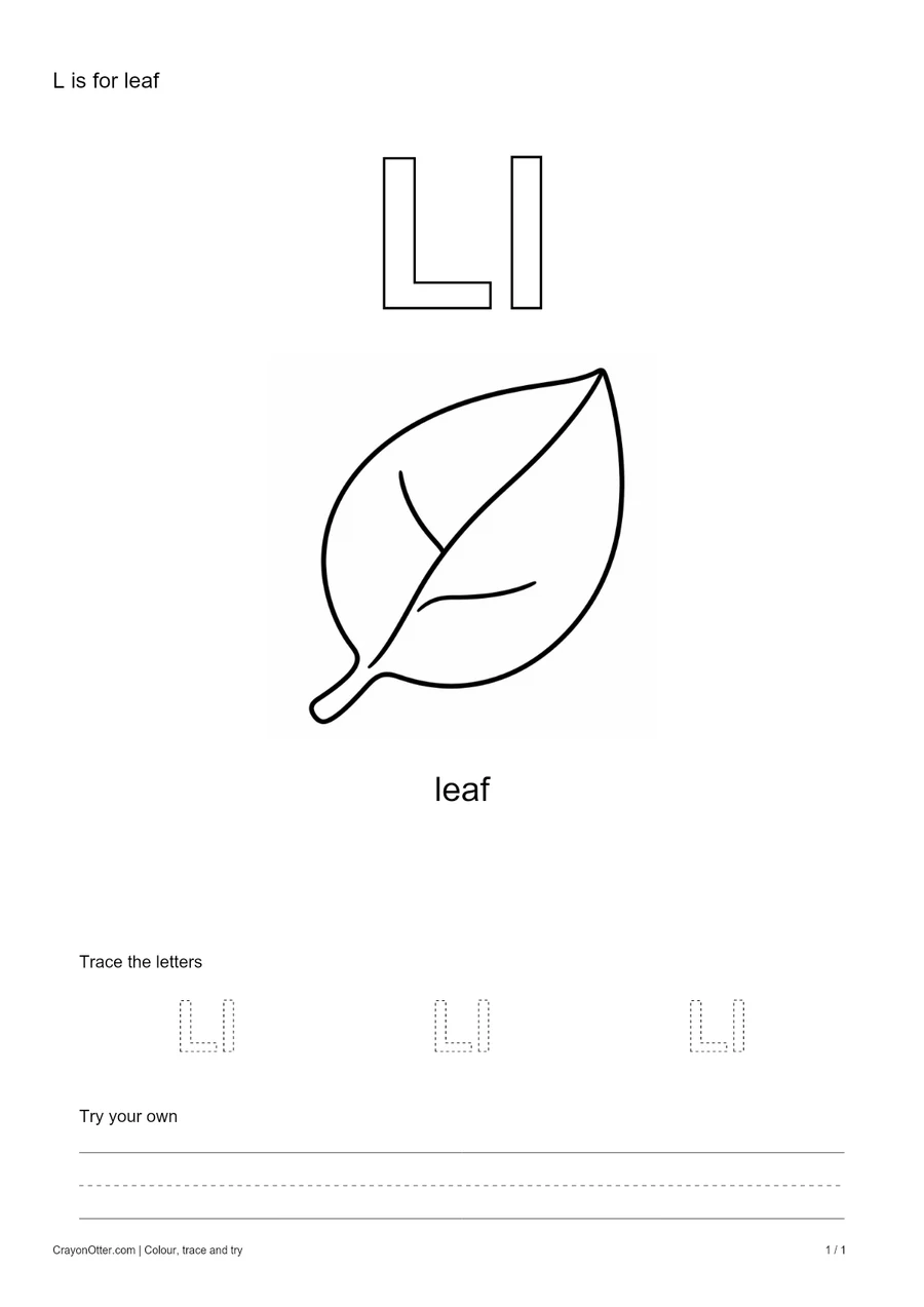 Outline Ll letters with a leaf, a tracing row and blank practice guides.