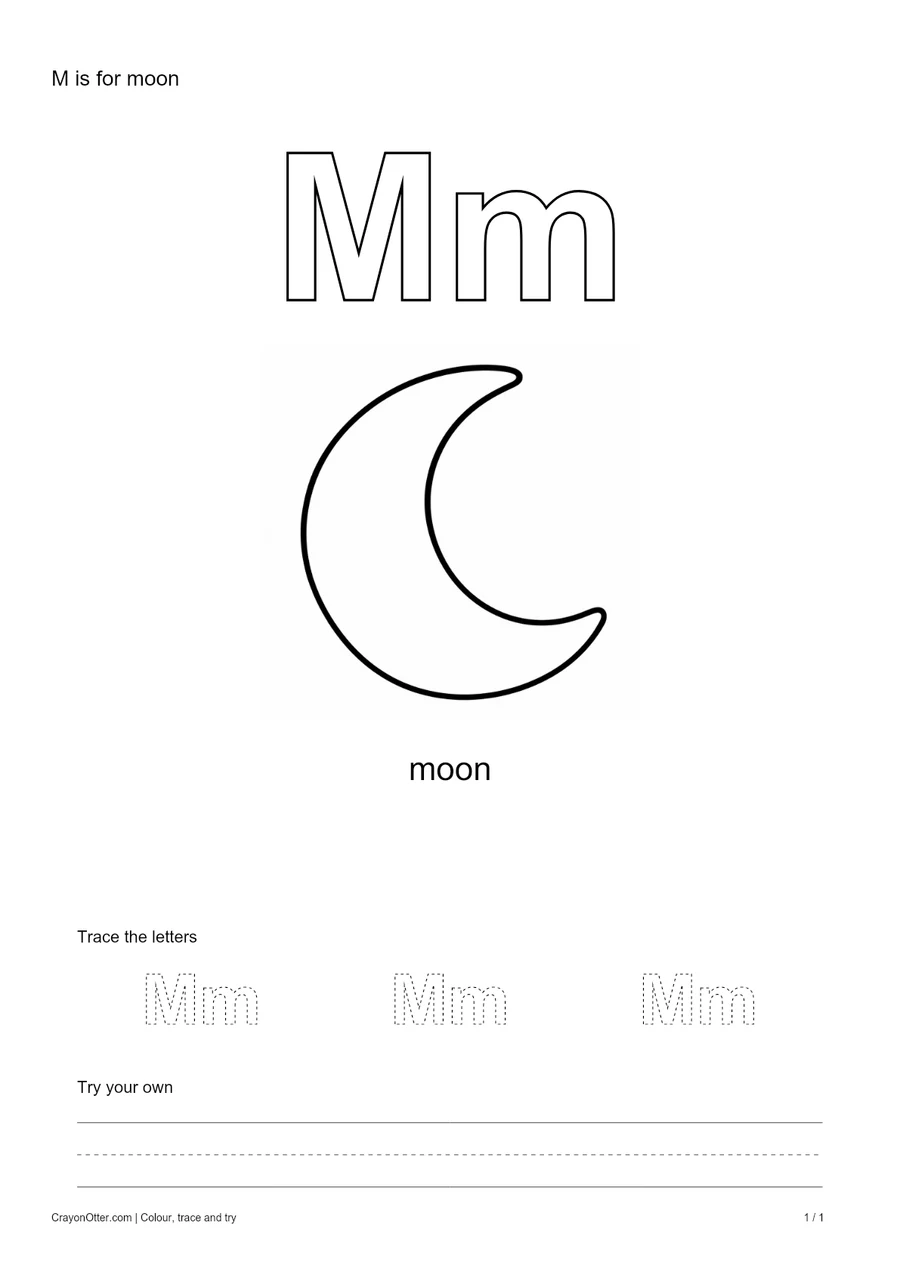Outline Mm letters with a moon, a tracing row and blank practice guides.