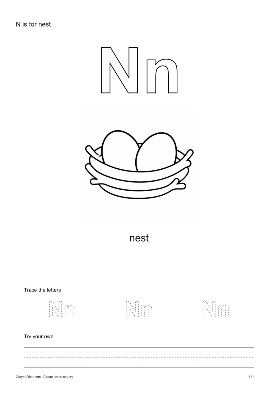 Outline Nn letters with a nest, a tracing row and blank practice guides.
