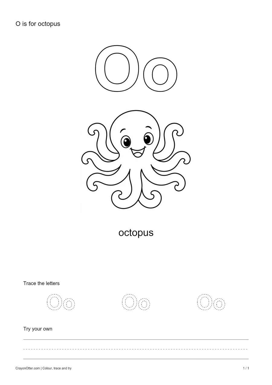 Outline Oo letters with an octopus, a tracing row and blank practice guides.