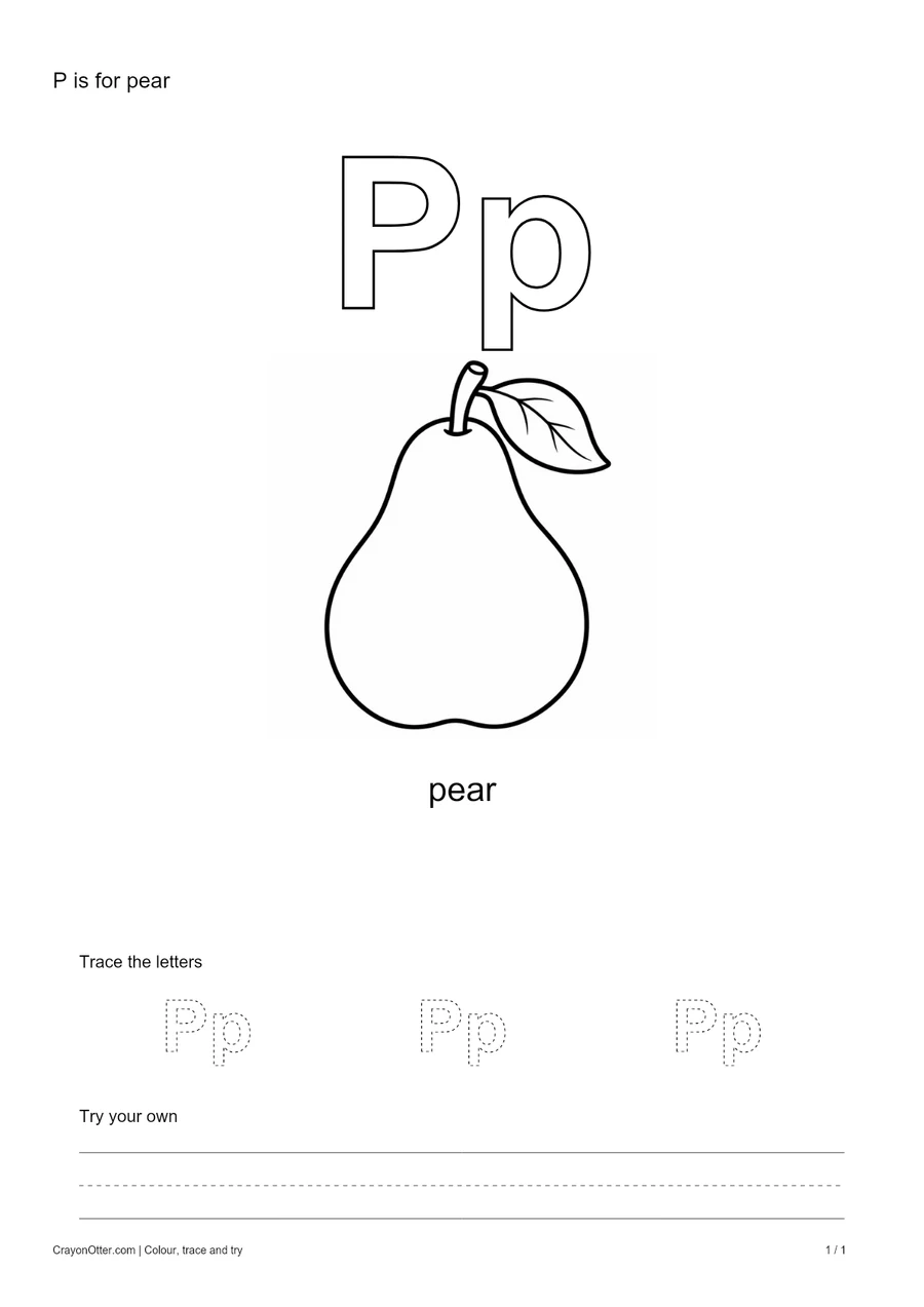 Outline Pp letters with a pear, a tracing row and blank practice guides.
