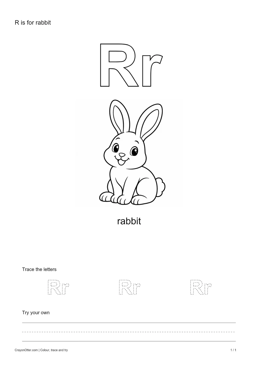 Outline Rr letters with a rabbit, a tracing row and blank practice guides.