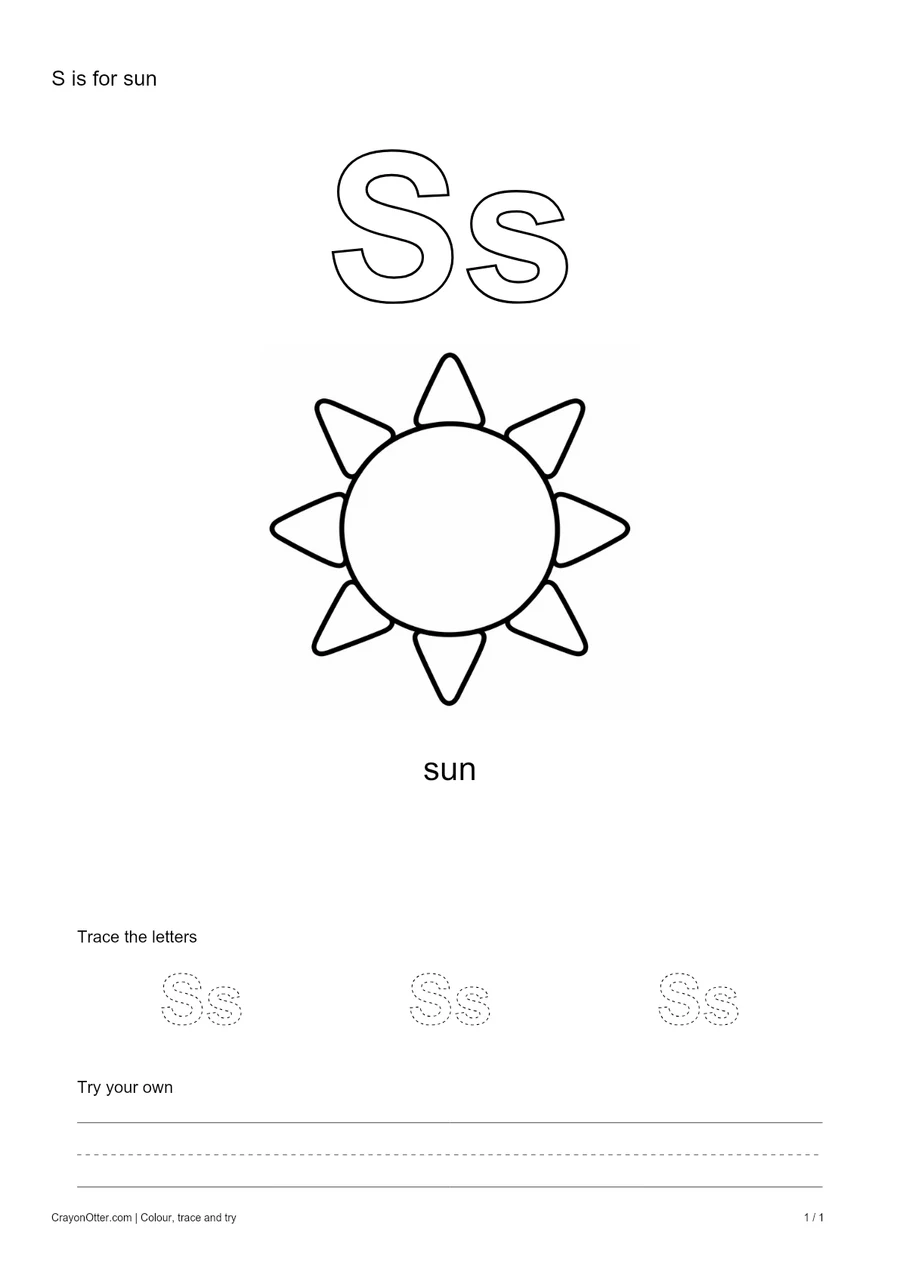 Outline Ss letters with a sun, a tracing row and blank practice guides.