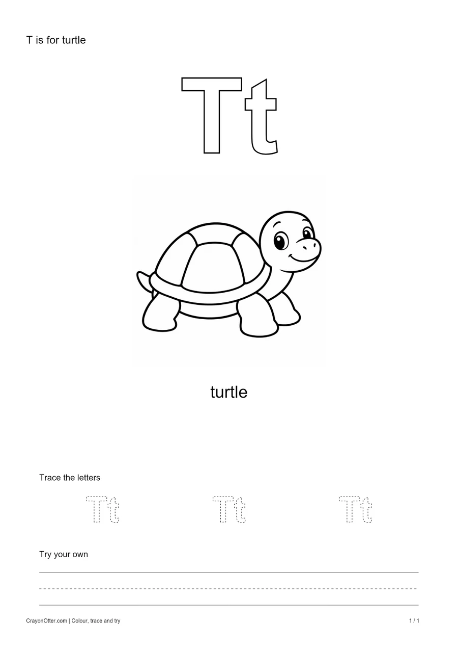 Outline Tt letters with a turtle, a tracing row and blank practice guides.