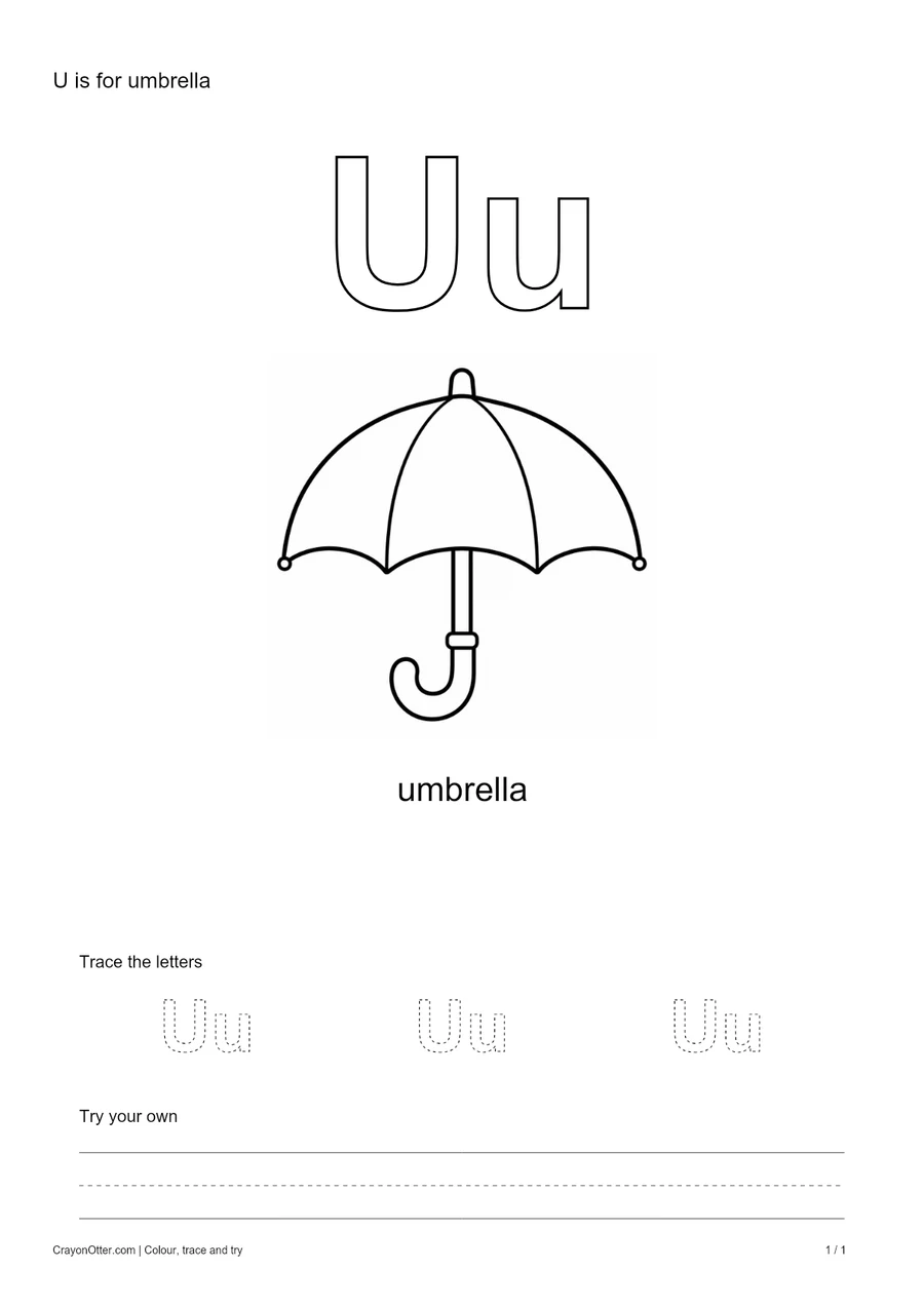 Outline Uu letters with an umbrella, a tracing row and blank practice guides.