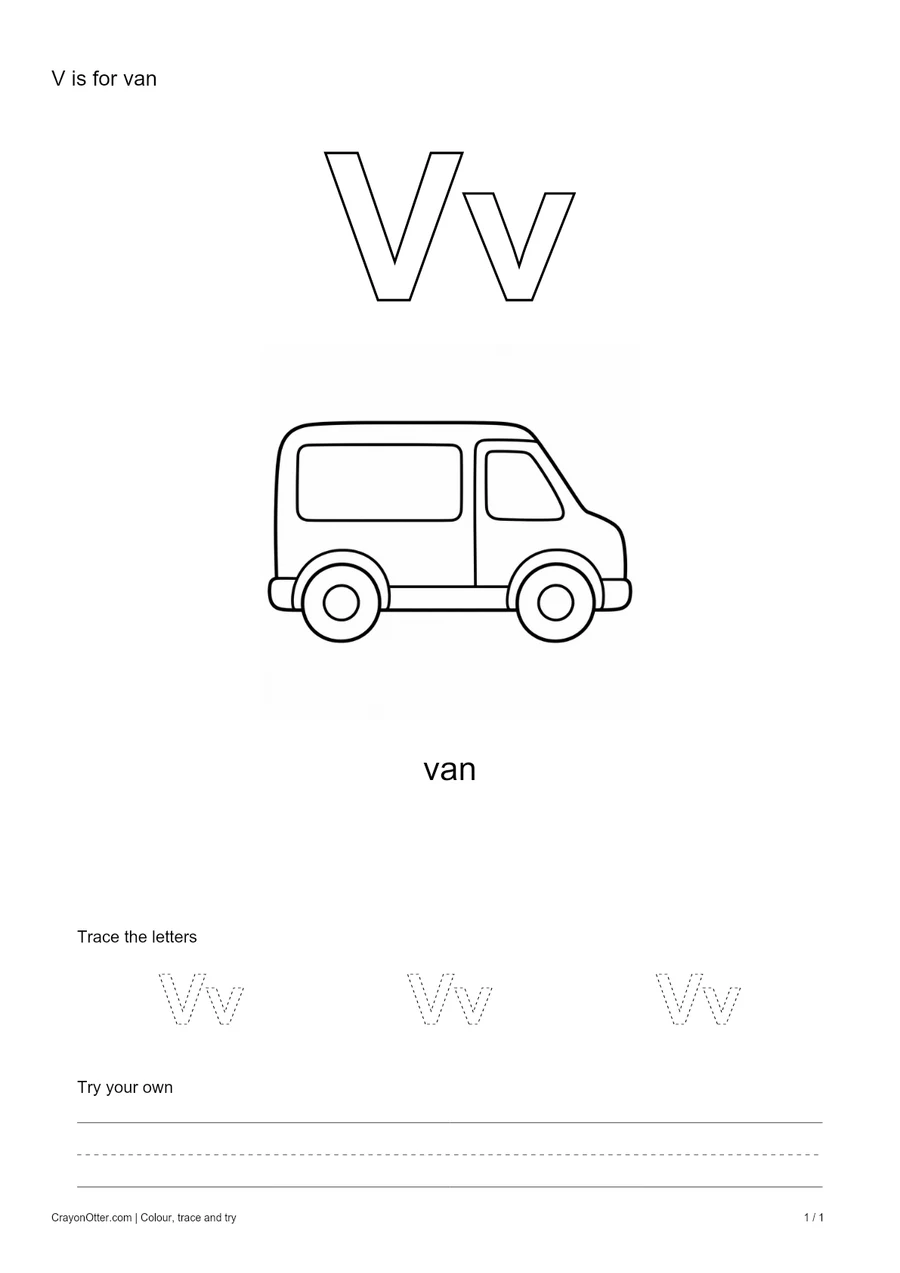 Outline Vv letters with a van, a tracing row and blank practice guides.
