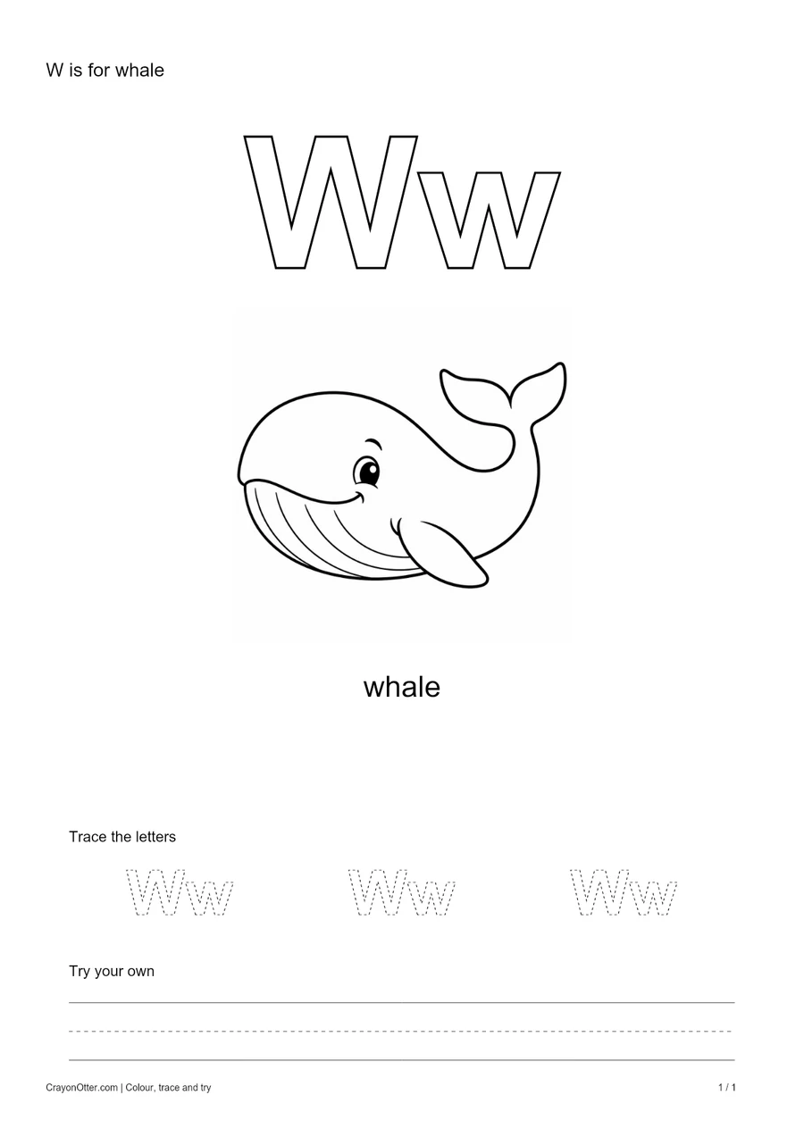 Outline Ww letters with a whale, a tracing row and blank practice guides.