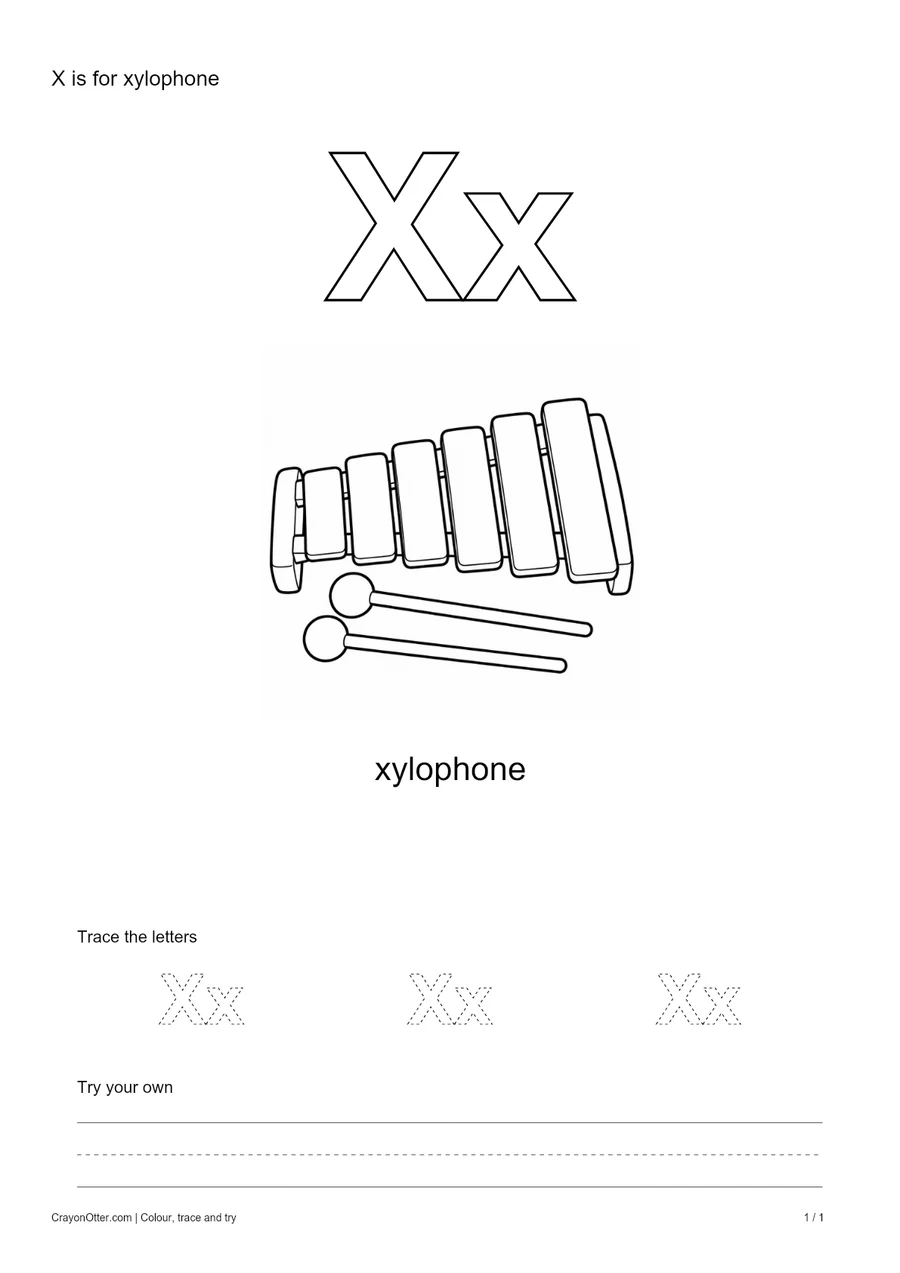 Outline Xx letters with a xylophone, a tracing row and blank practice guides.