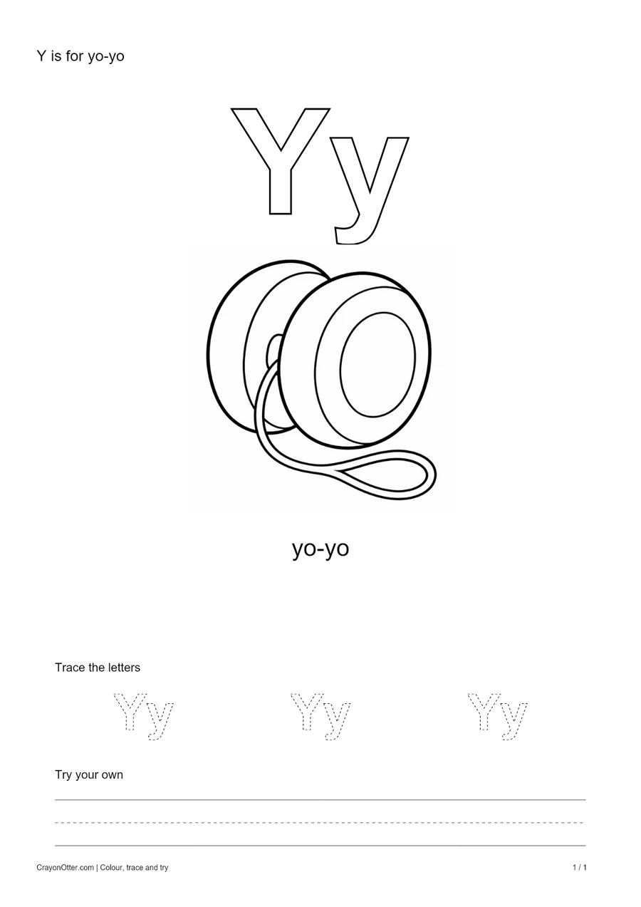 Outline Yy letters with a yo-yo, a tracing row and blank practice guides.