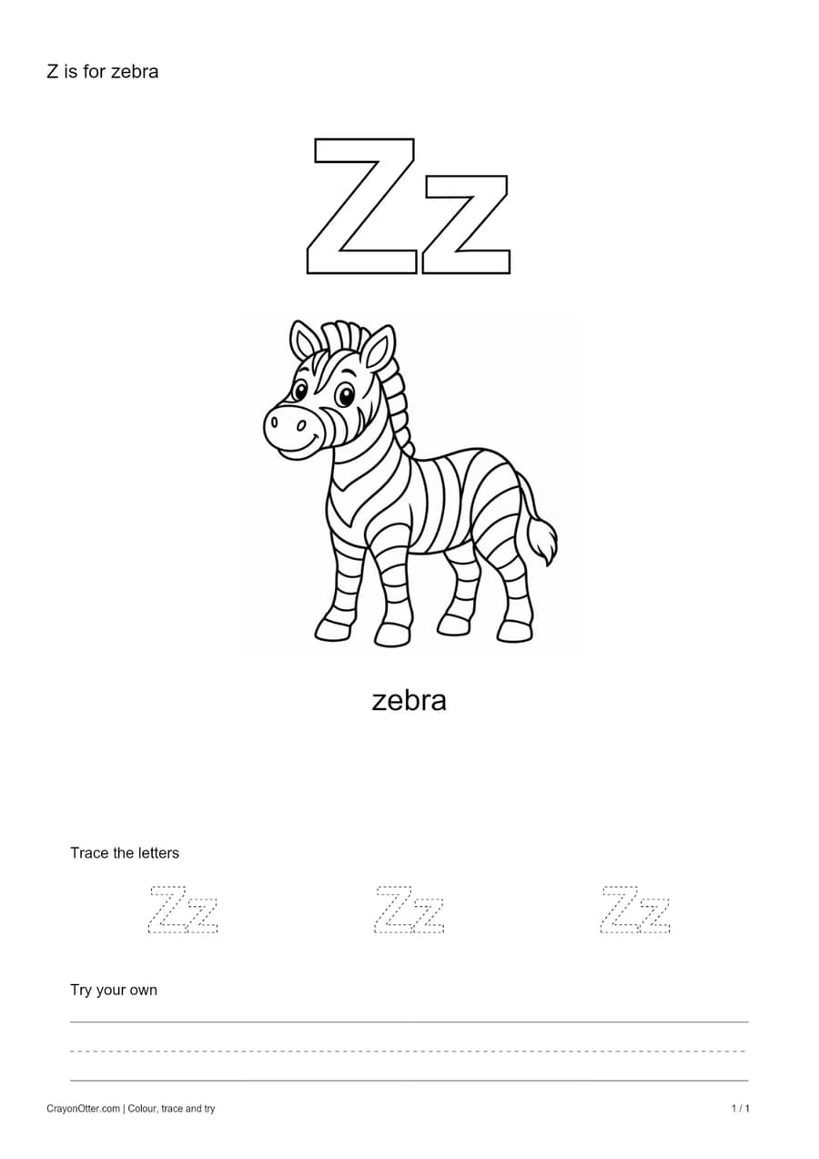 Outline Zz letters with a zebra, a tracing row and blank practice guides.
