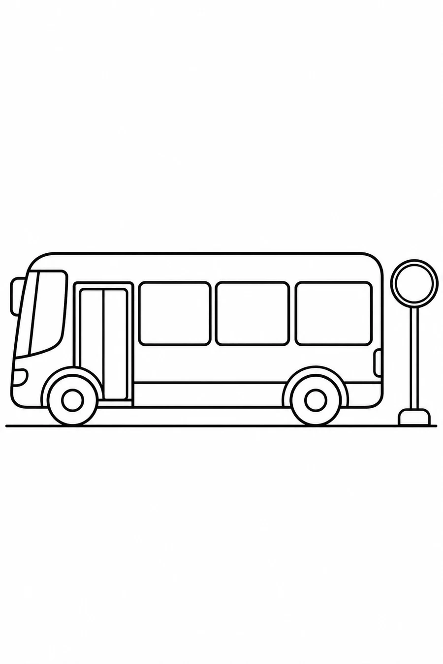A single-decker bus with three large windows waits beside a blank round stop sign.