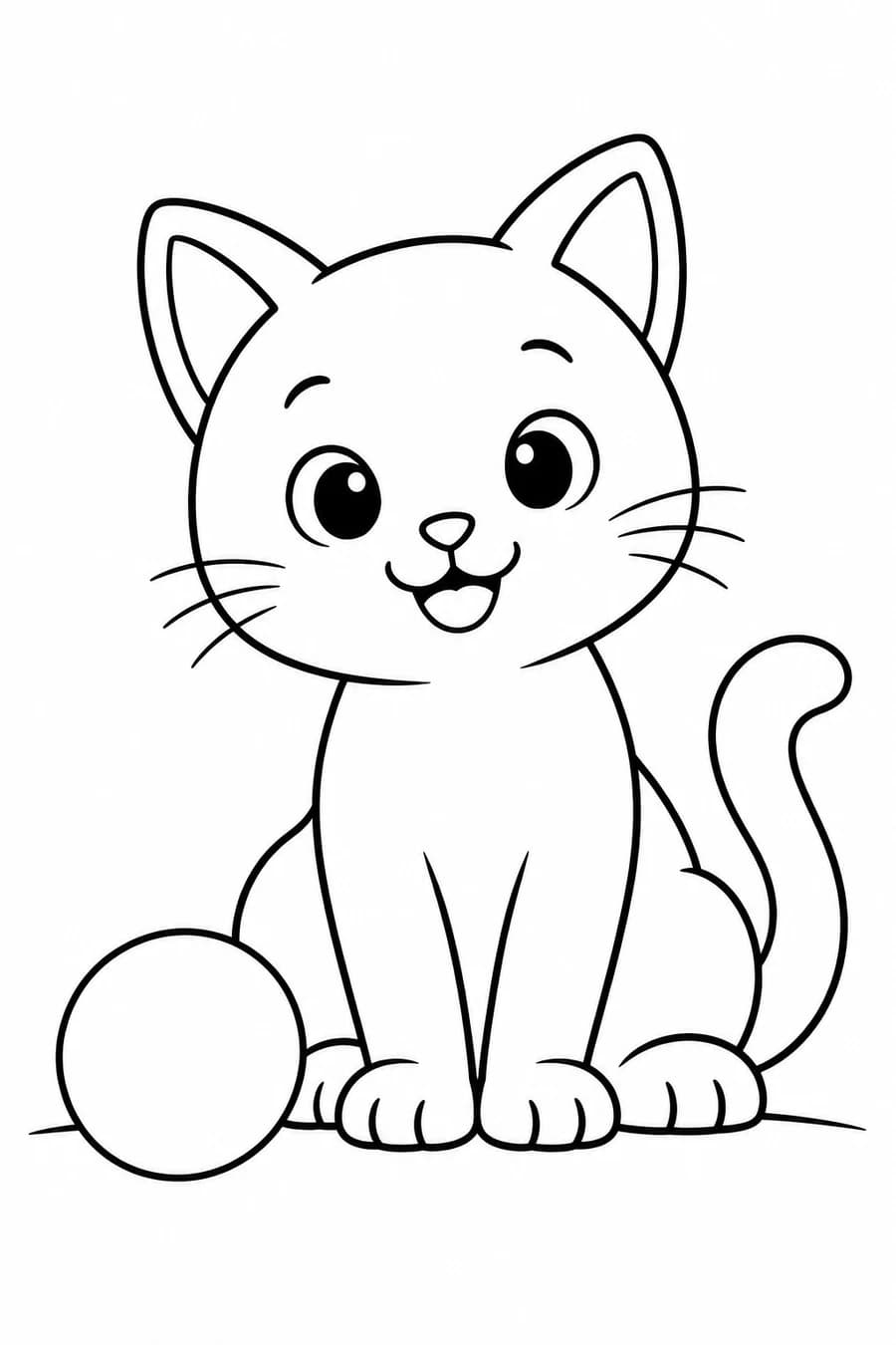 A sitting kitten with a curved tail beside a large plain ball.