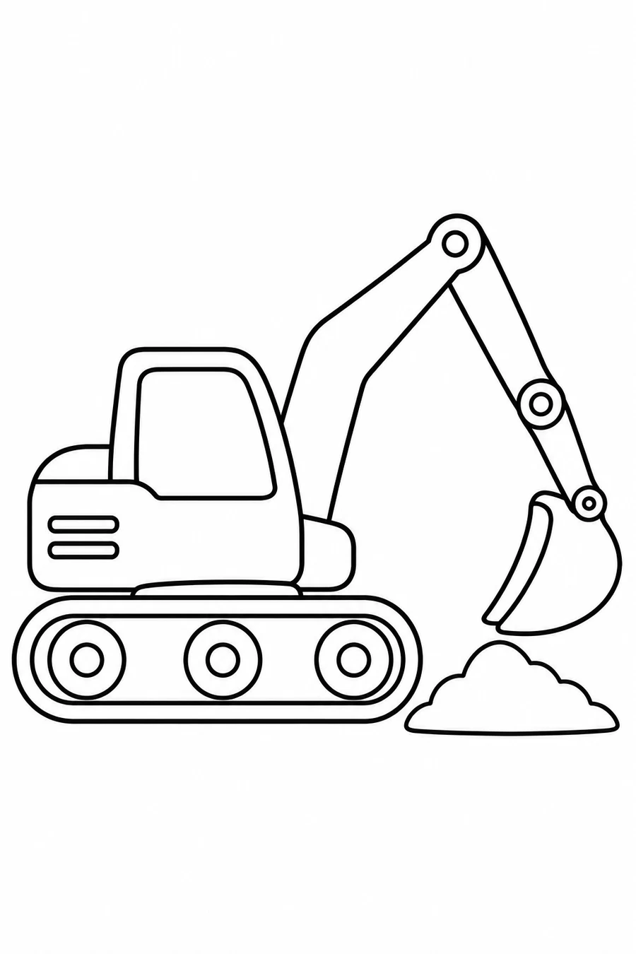 A tracked digger with a jointed arm holds its bucket above a small sand pile.