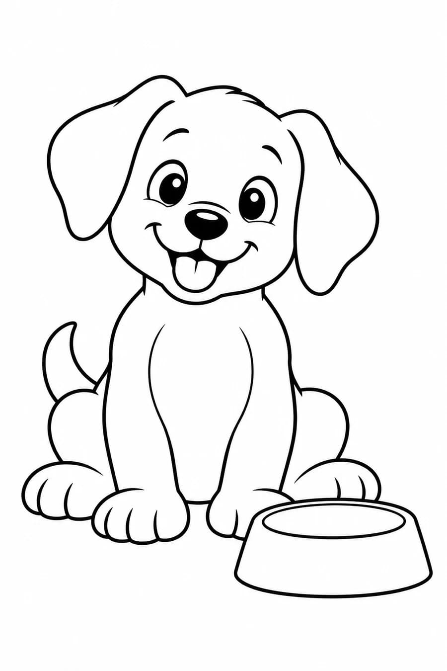 A seated floppy-eared puppy beside a wide empty bowl.