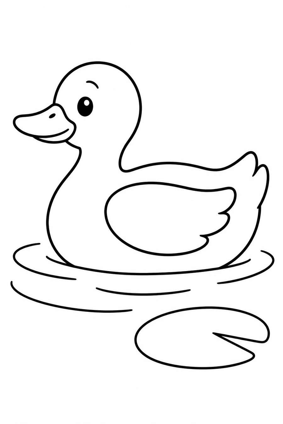 A duck with a broad outlined wing floats on water beside a lily pad.