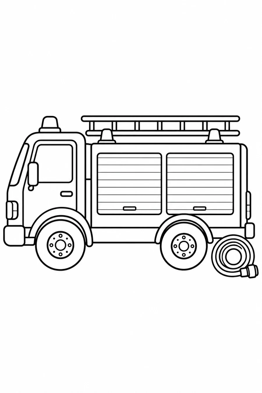 A fire engine with a roof ladder, two equipment shutters and a rolled hose.