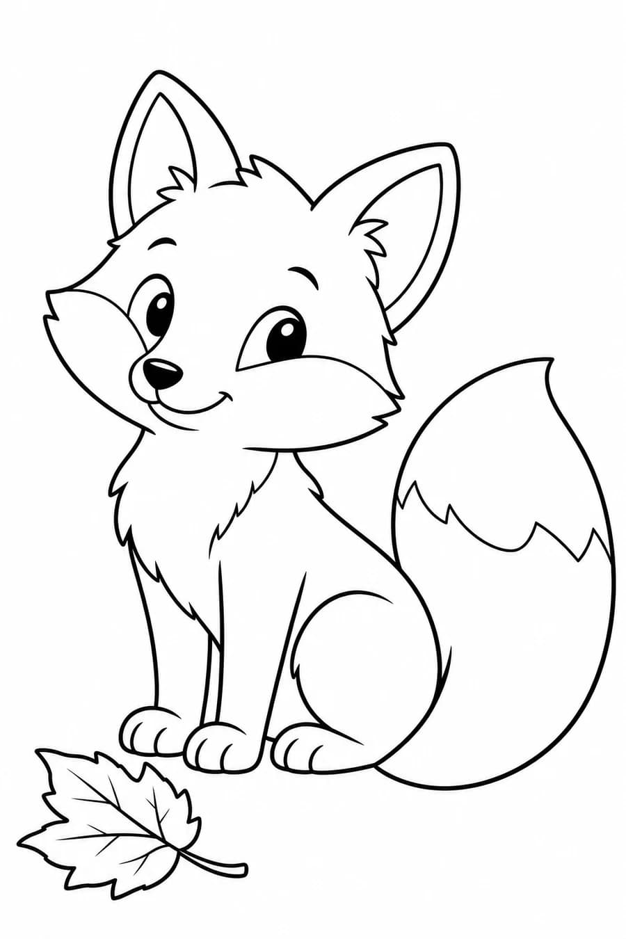 A seated fox with pointed ears, a large curling tail and a fallen leaf.
