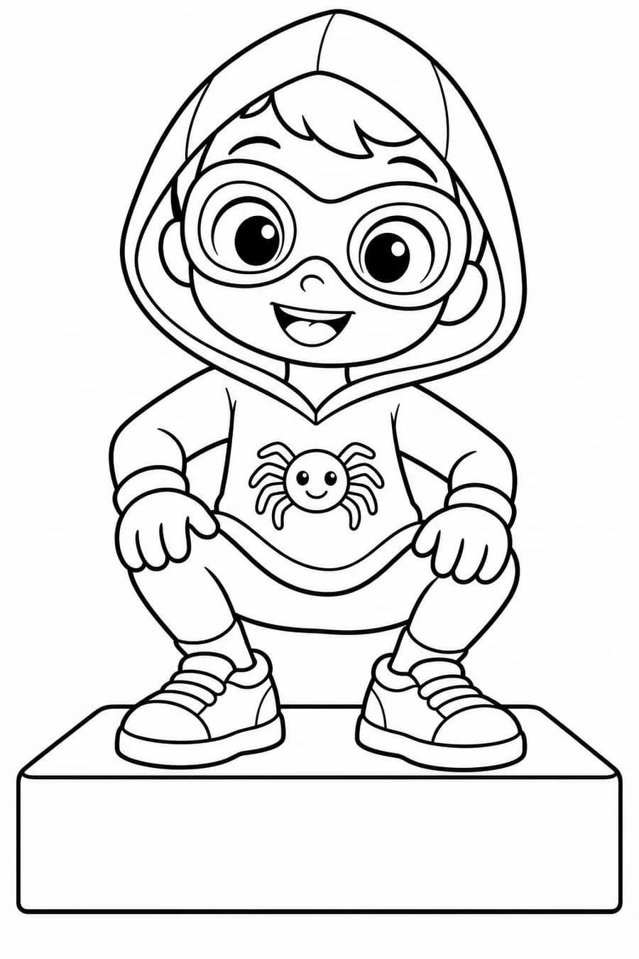 A round-goggled hero crouches playfully on one low rooftop block.