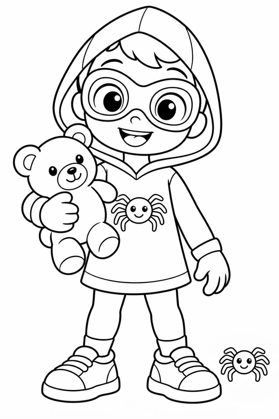 A friendly hooded hero holds a teddy bear beside a small smiling spider.