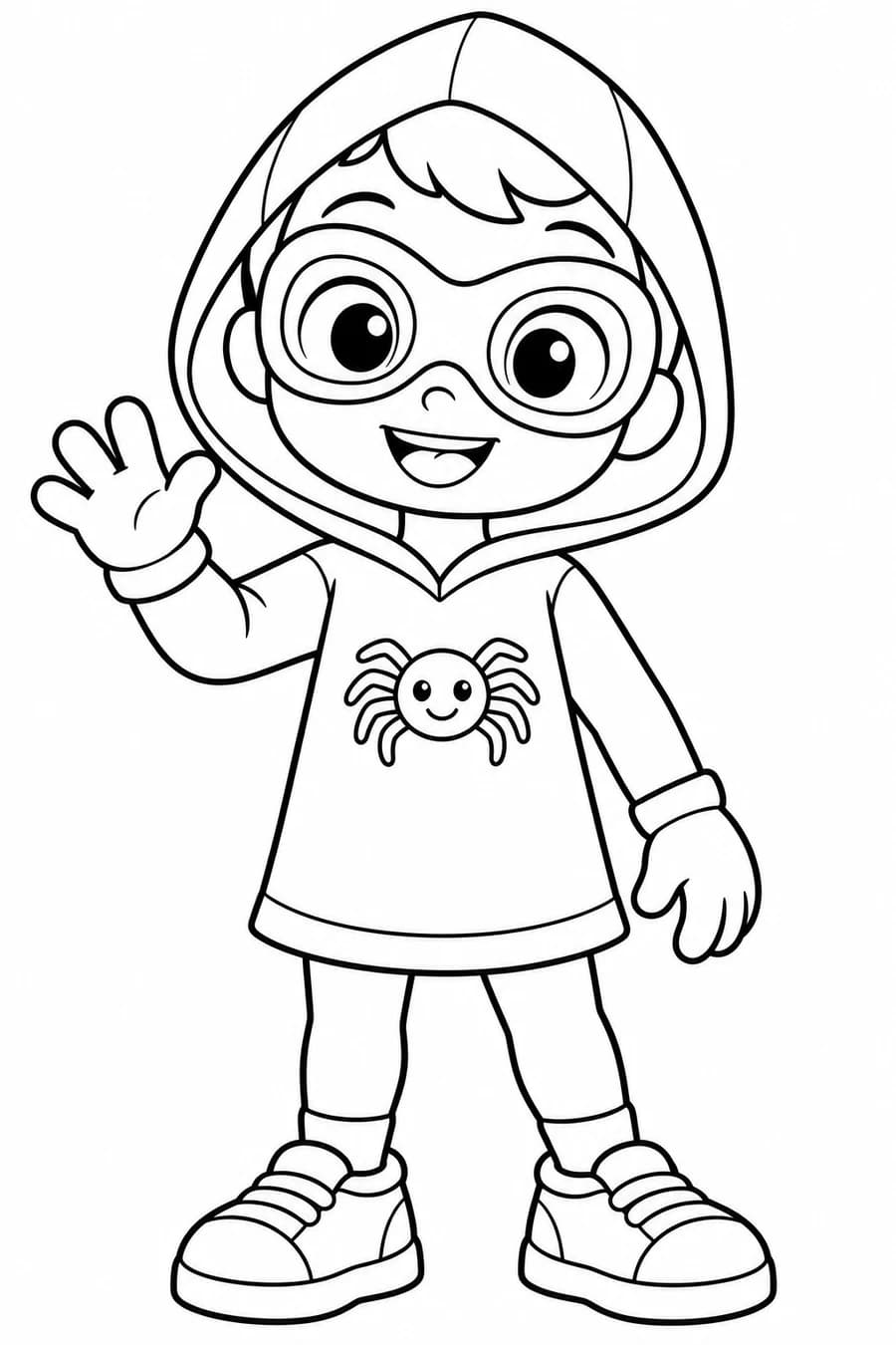 A smiling hero with round goggles, a hooded tunic and chunky trainers waves one hand.