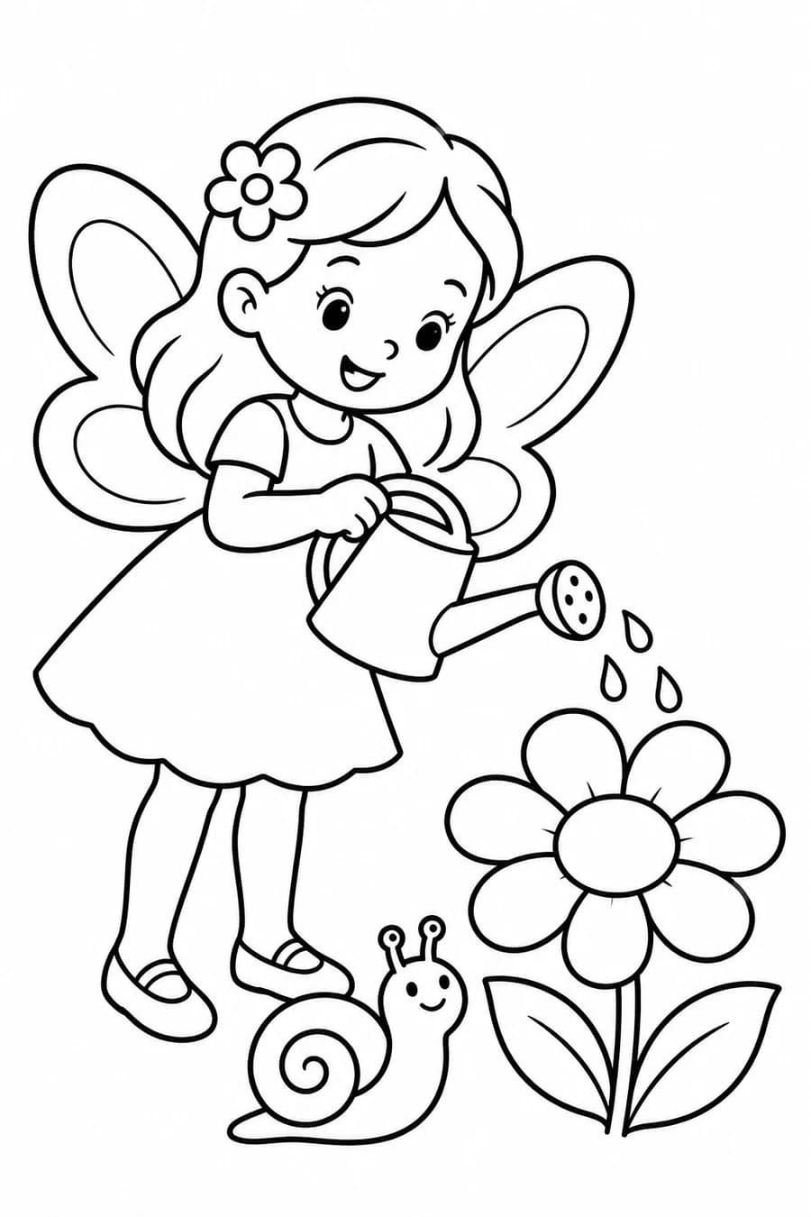 A garden fairy waters a large flower beside a smiling snail.
