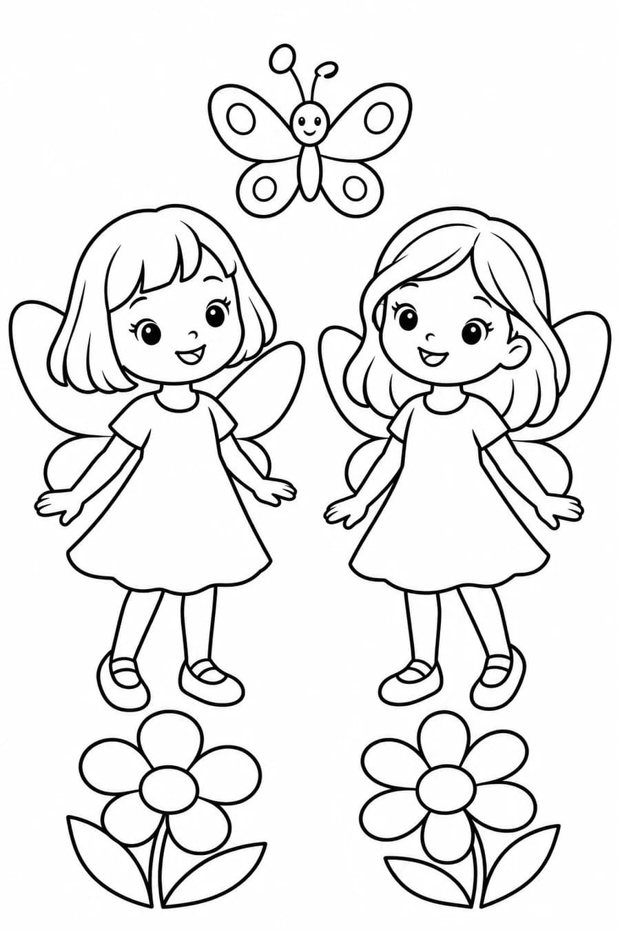 Two garden fairies with simple wings stand above flowers beneath a butterfly.