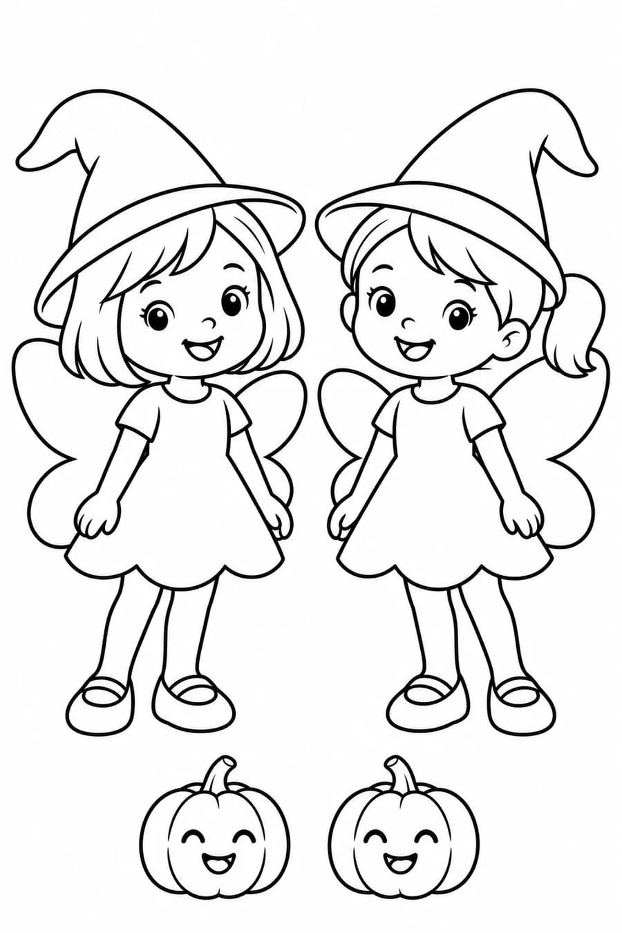 Two Halloween fairies with pointed hats and butterfly wings stand above two smiling pumpkins.