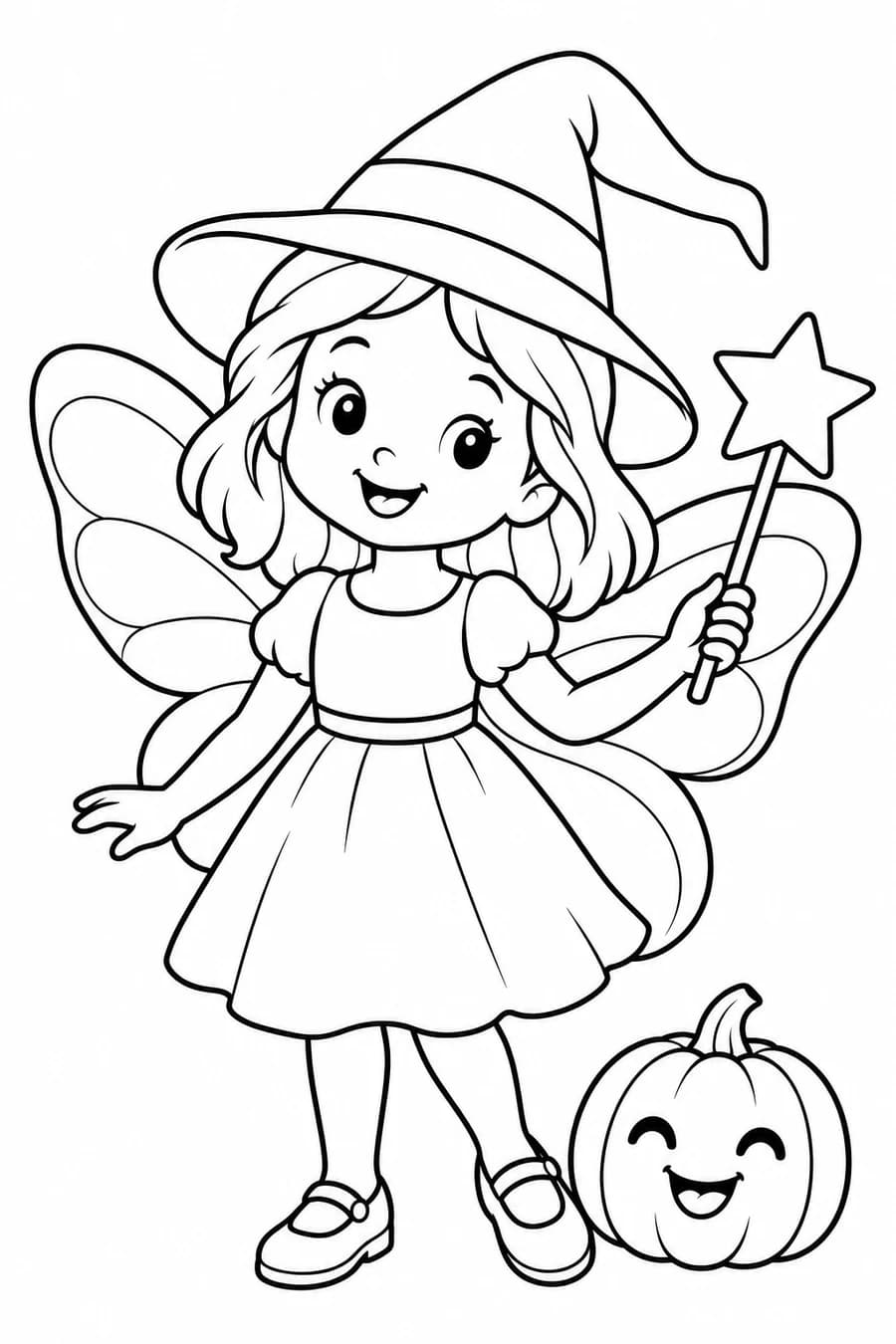 A Halloween fairy wears a floppy pointed hat and holds a star wand beside a smiling pumpkin.