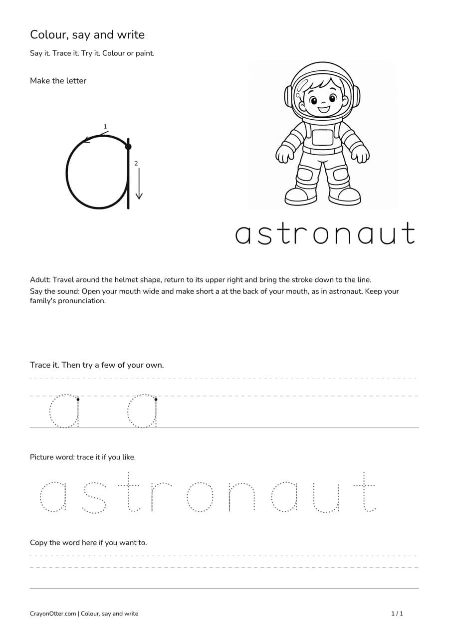 Lowercase a worksheet with an astronaut picture, movement model, tracing and writing guides.