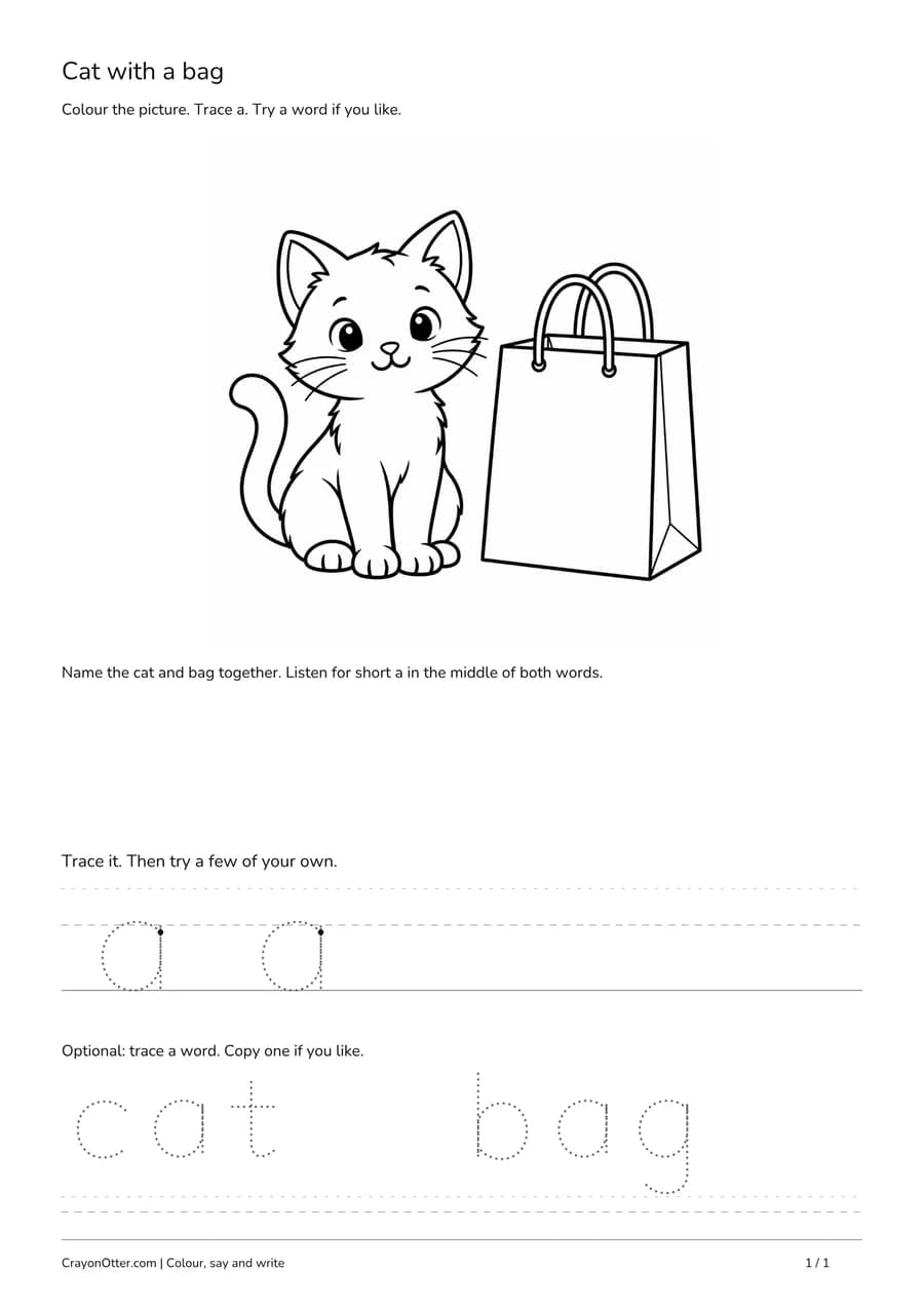 cat with a bag scene with lowercase a tracing and optional words.