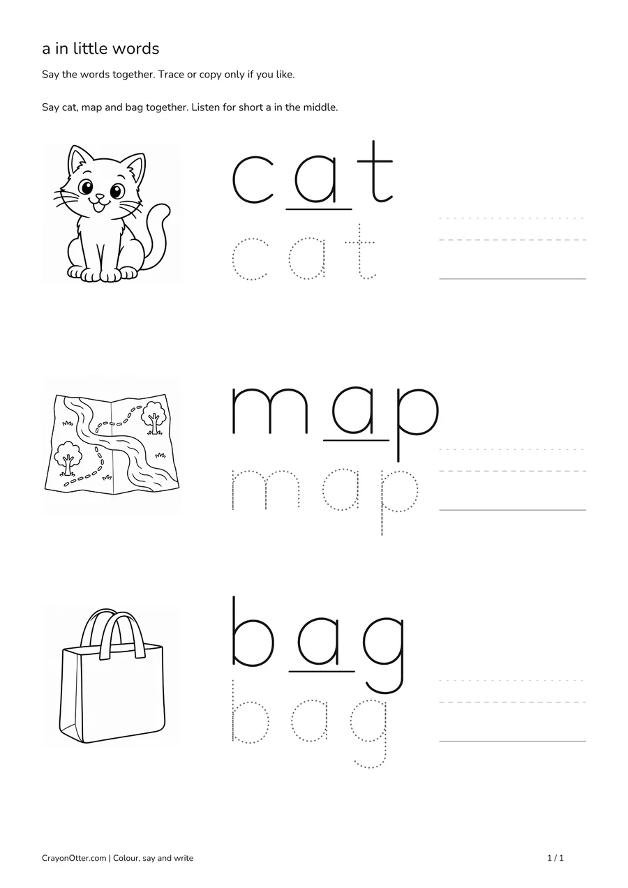 cat, map, bag pictures beside lowercase a word tracing.