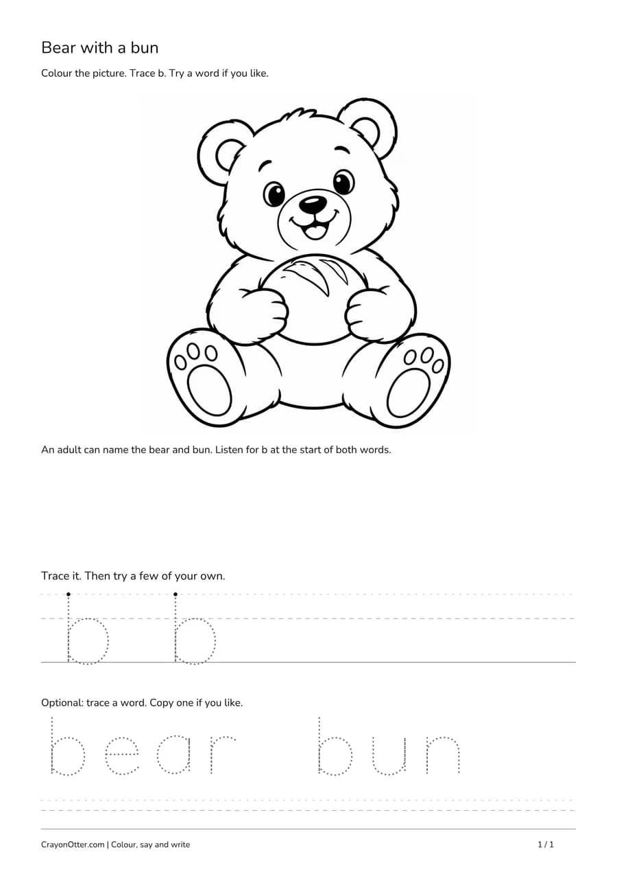 Bear holding a bun beside lowercase b tracing and optional bear and bun words.