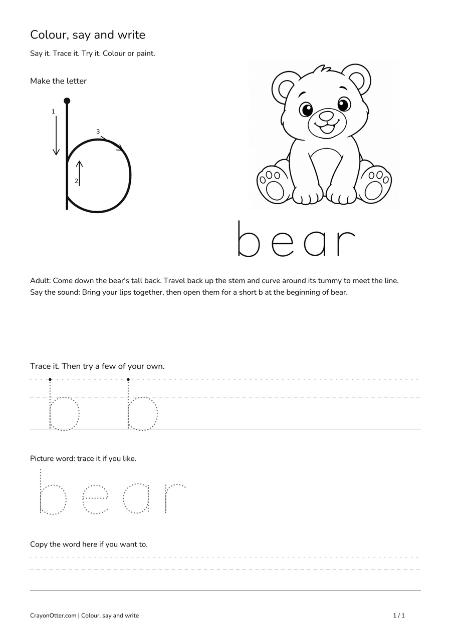 Lowercase b worksheet with a bear picture, movement model, tracing and writing guides.