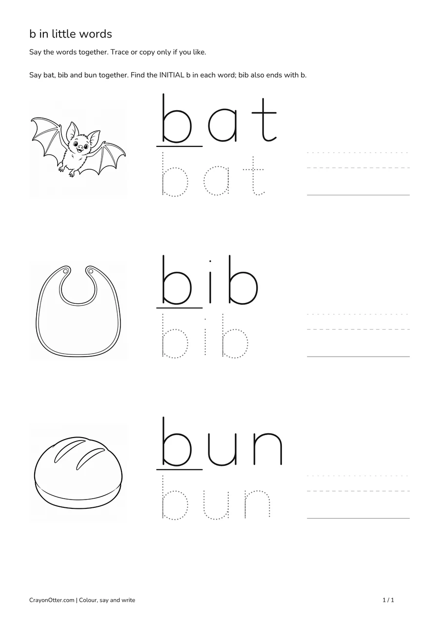 Bat, bib and bun pictures with the initial b underlined and optional word tracing.