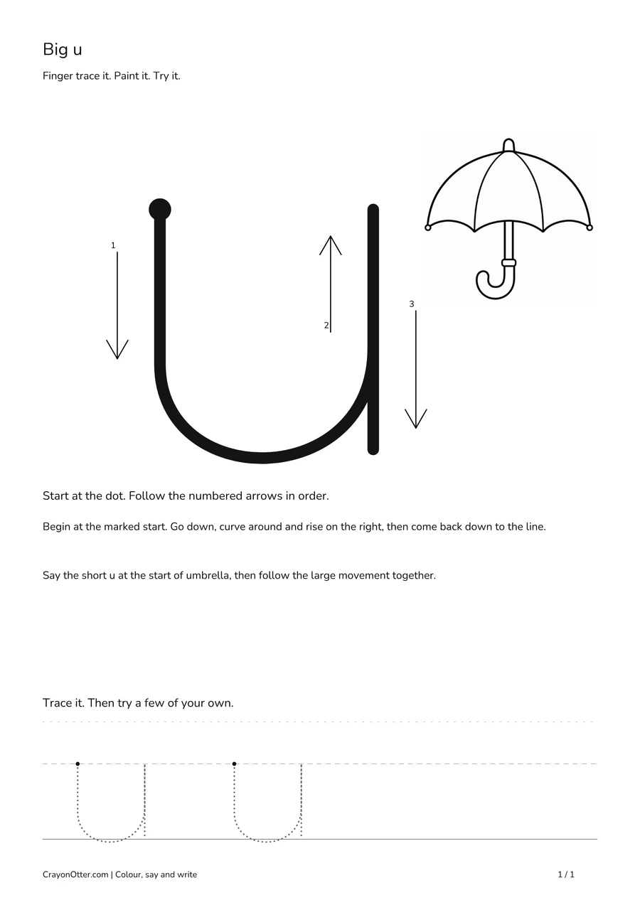 Large lowercase u movement path with an umbrella picture and open writing space.
