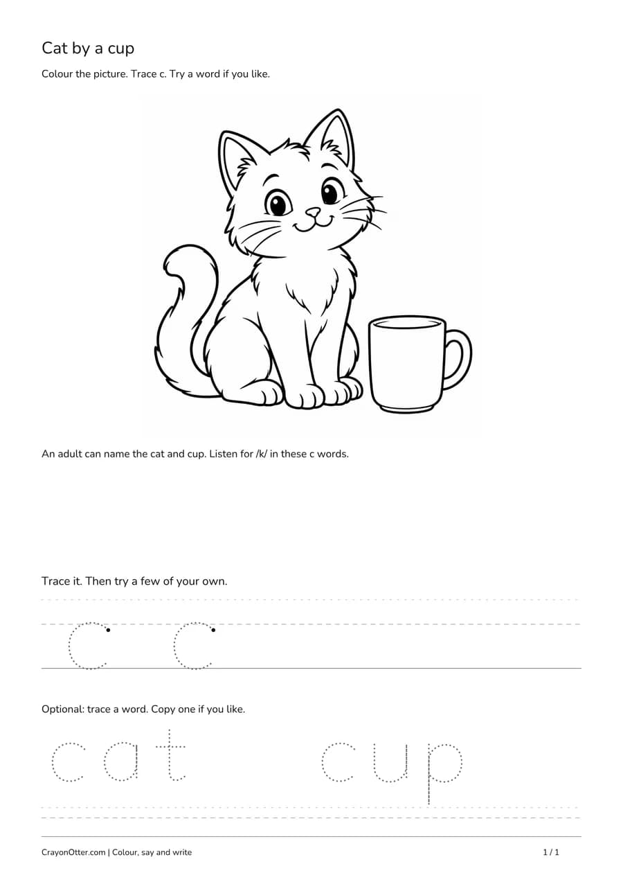 Cat beside a cup with lowercase c tracing and optional cat and cup words.
