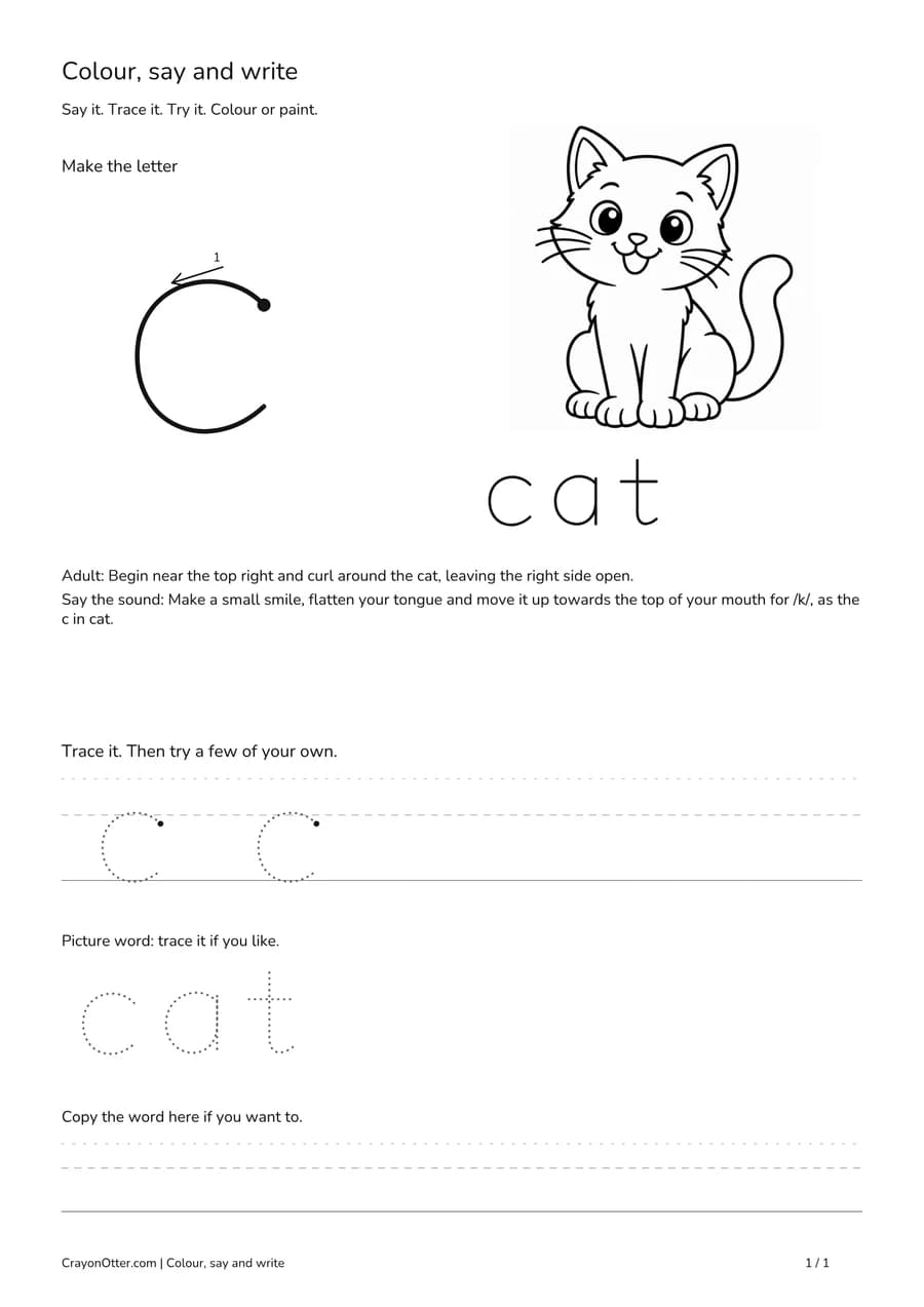 Lowercase c worksheet with a cat picture, movement model, tracing and writing guides.