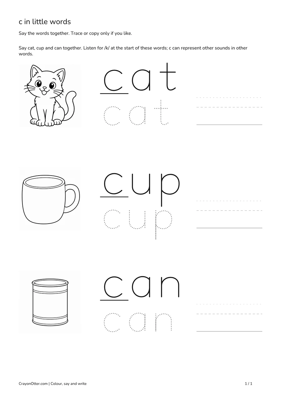 Cat, cup and can pictures beside initial c word models, tracing and copying guides.