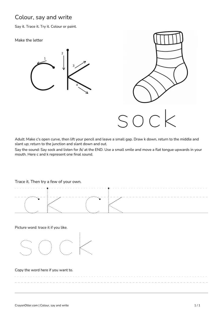 Lowercase ck worksheet with a sock picture, movement model, tracing and writing guides.