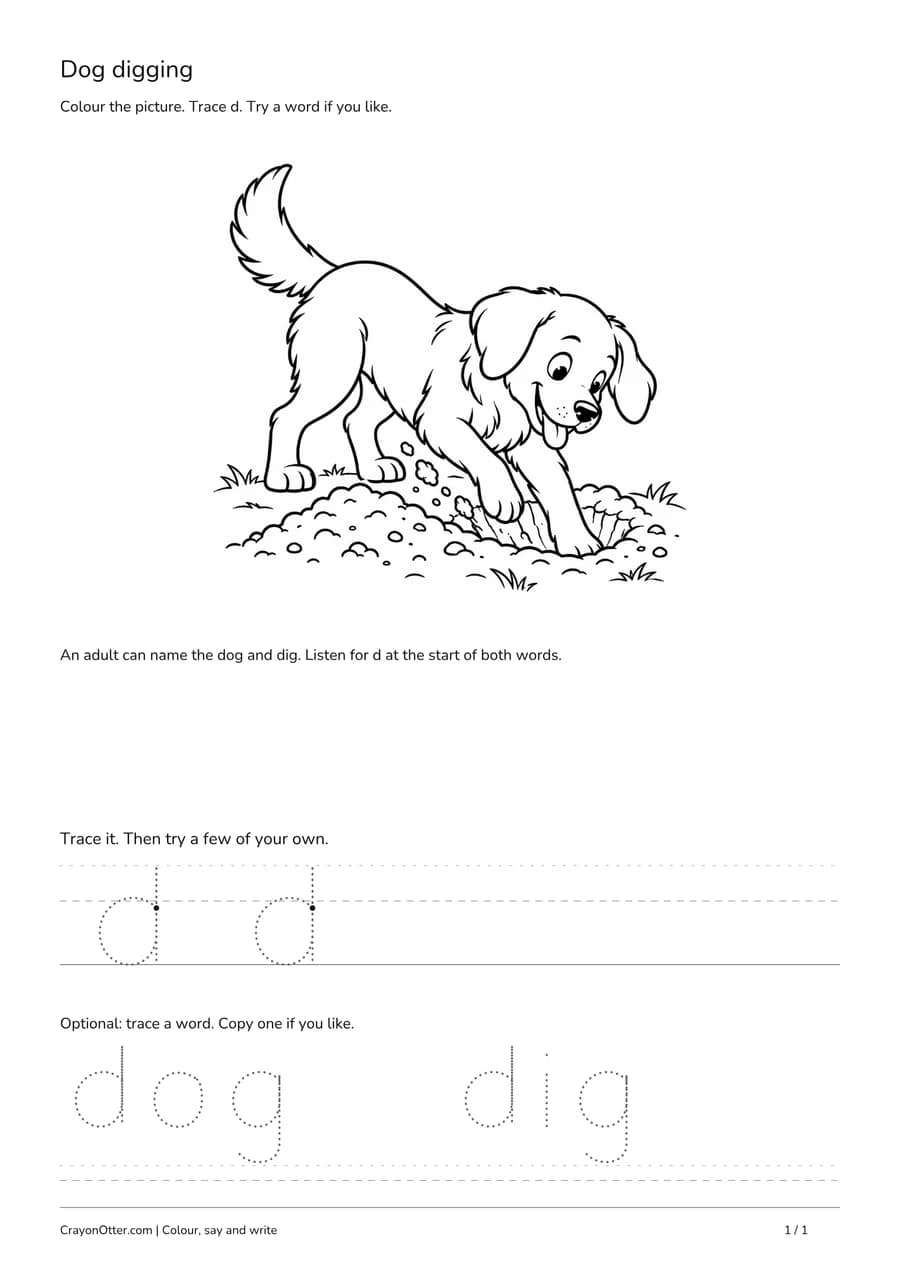 Dog digging soil beside lowercase d tracing and optional dog and dig words.
